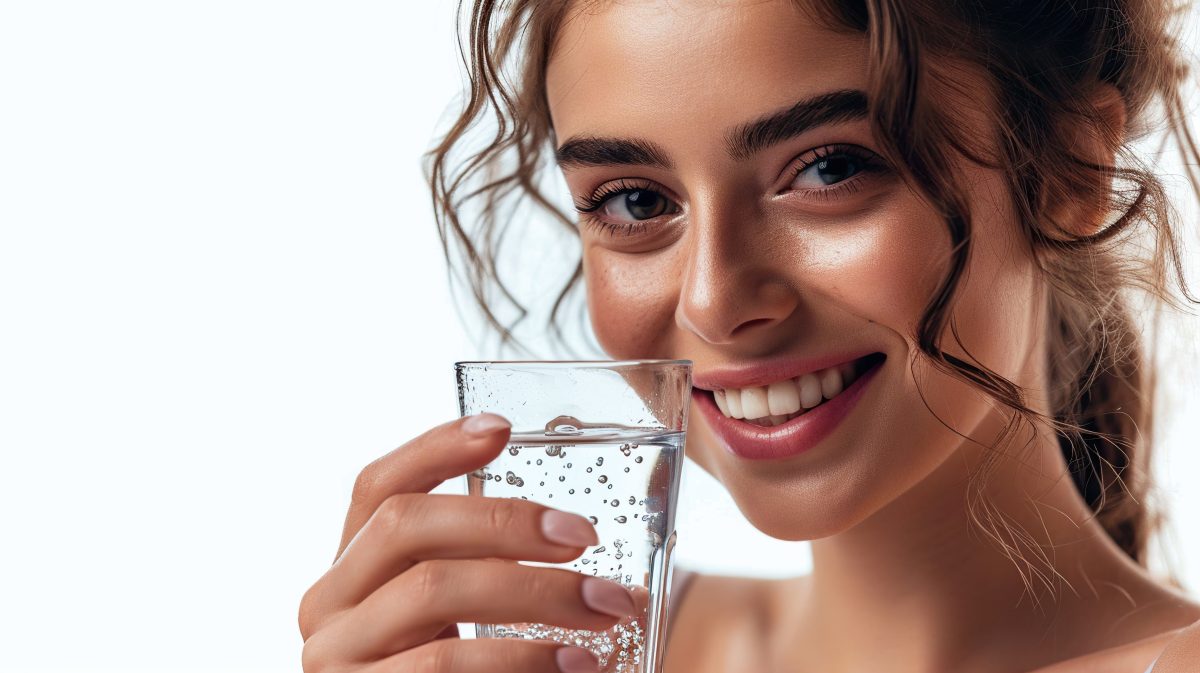 Una persona con cabello rizado sonríe mientras sostiene y bebe de un vaso de agua hidrogenada, con un fondo claro.