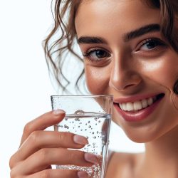 Una persona con cabello rizado sonríe mientras sostiene y bebe de un vaso de agua hidrogenada, con un fondo claro.