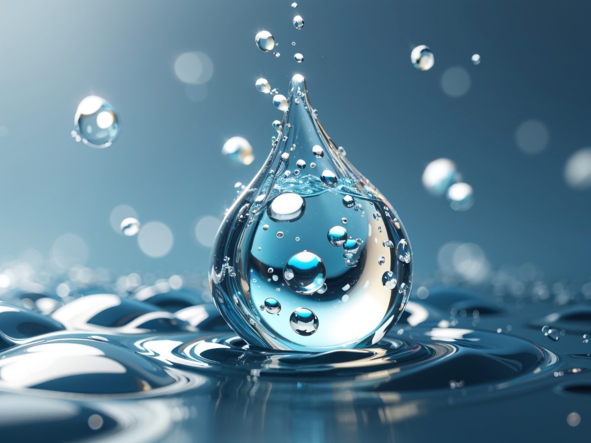 Primer plano de una gota de agua suspendida en el aire, rodeada de gotas más pequeñas. La superficie de abajo está cubierta de ondas que reflejan la luz en un ambiente sereno de tonos azules impregnado de la esencia del agua hidrogenada.