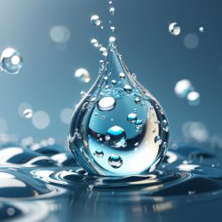 Primer plano de una gota de agua suspendida en el aire, rodeada de gotas más pequeñas. La superficie de abajo está cubierta de ondas que reflejan la luz en un ambiente sereno de tonos azules impregnado de la esencia del agua hidrogenada.