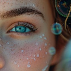 Primer plano del rostro de una persona con un ojo azul en primer plano. La piel está pecosa, salpicada de blanco como pintura o protector solar. Burbujas translúcidas, que recuerdan la pureza del agua hidrogenada, flotan cerca, creando un efecto onírico y etéreo.