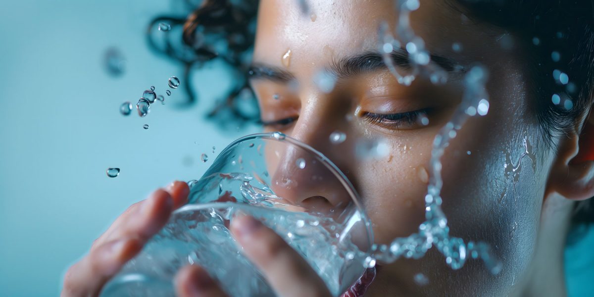 Primer plano de una persona bebiendo agua hidrogenada de un vaso, con gotas de agua salpicando su rostro. El fondo verde azulado suave enfatiza el frescor y el movimiento. La expresión de la persona es tranquila y concentrada.