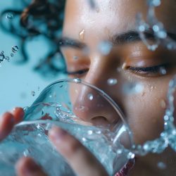 Primer plano de una persona bebiendo agua hidrogenada de un vaso, con gotas de agua salpicando su rostro. El fondo verde azulado suave enfatiza el frescor y el movimiento. La expresión de la persona es tranquila y concentrada.