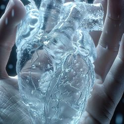 Una mano sostiene un corazón anatómico transparente, parecido al cristal, cuyos intrincados detalles recuerdan a venas y arterias. Bañado en una luz suave con un brillo etéreo, exuda una pureza similar a la del agua hidrogenada.