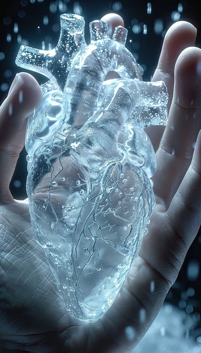 Una mano sostiene un corazón anatómico transparente, parecido al cristal, cuyos intrincados detalles recuerdan a venas y arterias. Bañado en una luz suave con un brillo etéreo, exuda una pureza similar a la del agua hidrogenada.