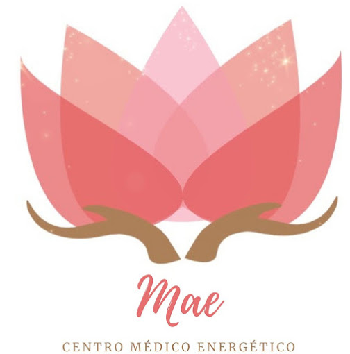 El logotipo de Mae Centro Médico Energético muestra una flor de loto rosa estilizada con detalles brillantes, dos manos abstractas marrones debajo e incluye elementos que representan el agua hidrogenada. El nombre y el título del centro se muestran elegantemente en texto rojo y dorado debajo.
