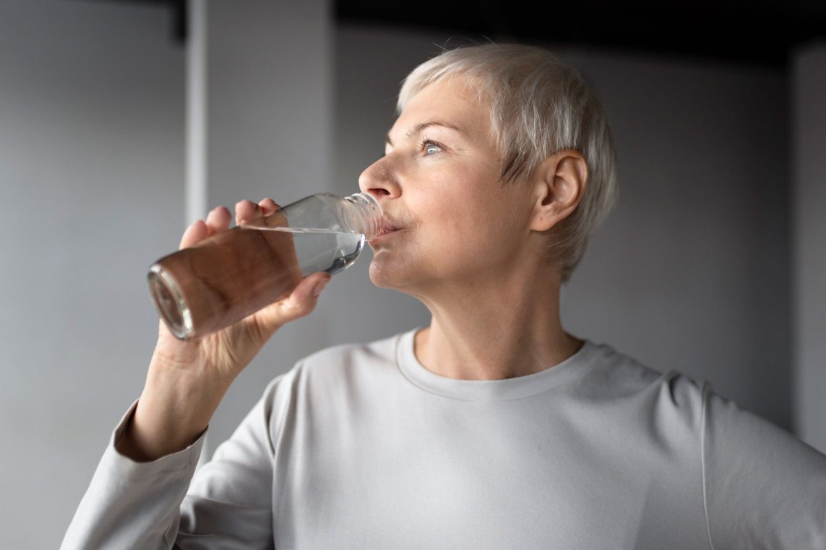 Una mujer mayor, de pelo corto y gris, que viste una camisa gris claro, bebe agua hidrogenada de un vaso transparente. Está de pie en una habitación con una iluminación suave y natural y un fondo neutro, mirando hacia su derecha.