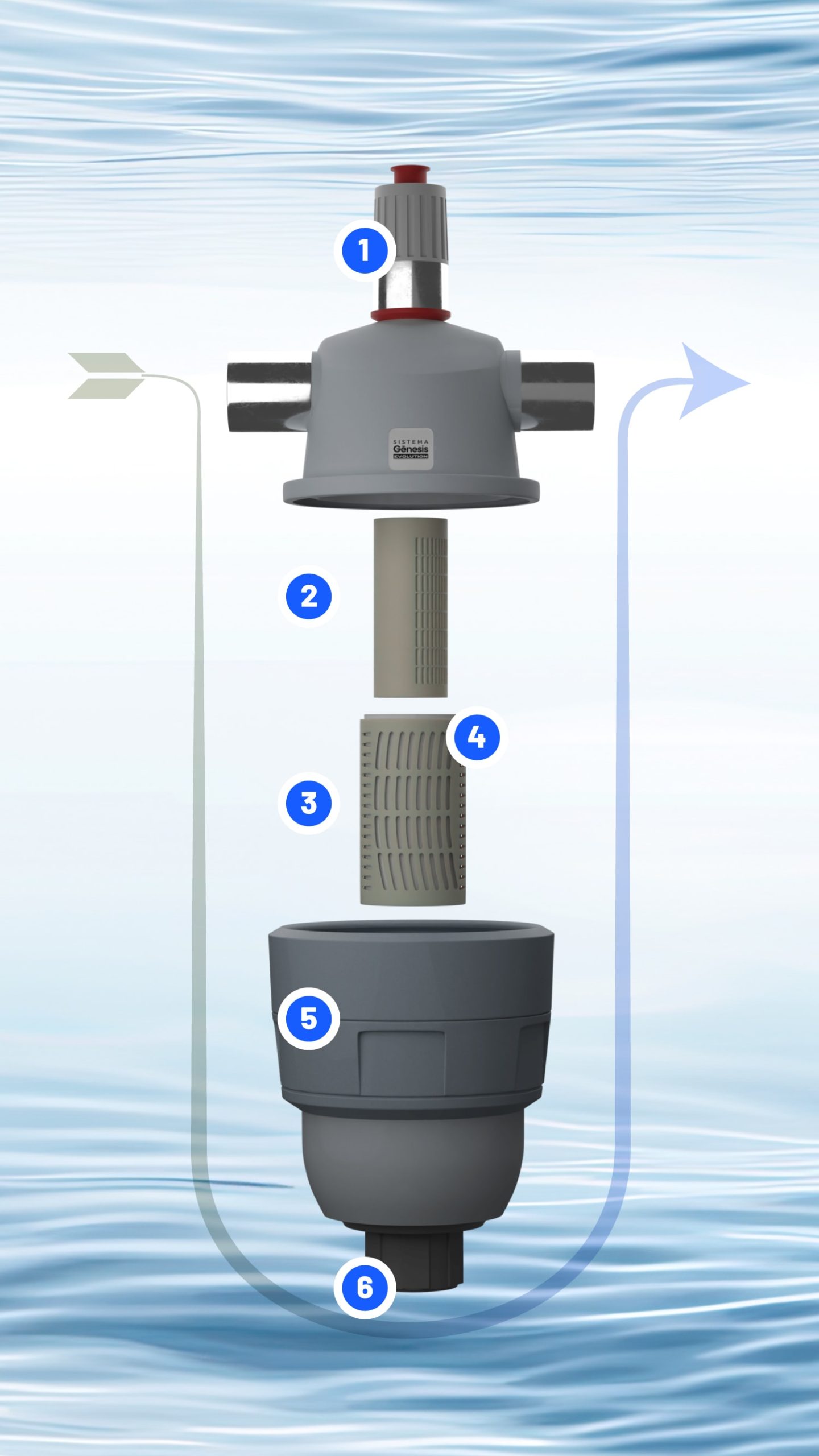 Vista despiezada de un sistema de filtración de agua sobre un fondo de ondas azules. La imagen, ideal para producir agua hidrogenada, muestra seis componentes numerados, incluidos conectores, filtros y la carcasa principal, indicando la secuencia de montaje de arriba a abajo. Las flechas sugieren la dirección del flujo de agua.