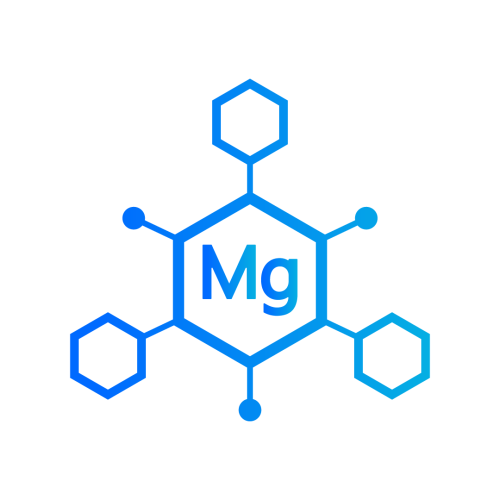 Un diagrama azul estilizado muestra el símbolo químico del magnesio (Mg) en el centro de una estructura hexagonal de seis lados, con cinco hexágonos que se extienden hacia afuera como un plano molecular, evocando la pureza y claridad del agua hidrogenada.