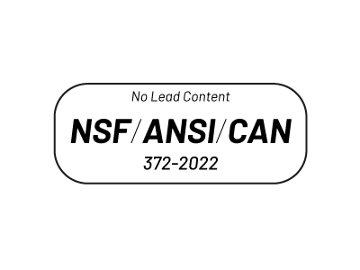 Etiqueta de certificación con el texto: Sin contenido de plomo NSF/ANSI/CAN 372-2022 dentro de un borde rectangular redondeado, lo que garantiza que su agua hidrogenada cumple con los estándares de seguridad.