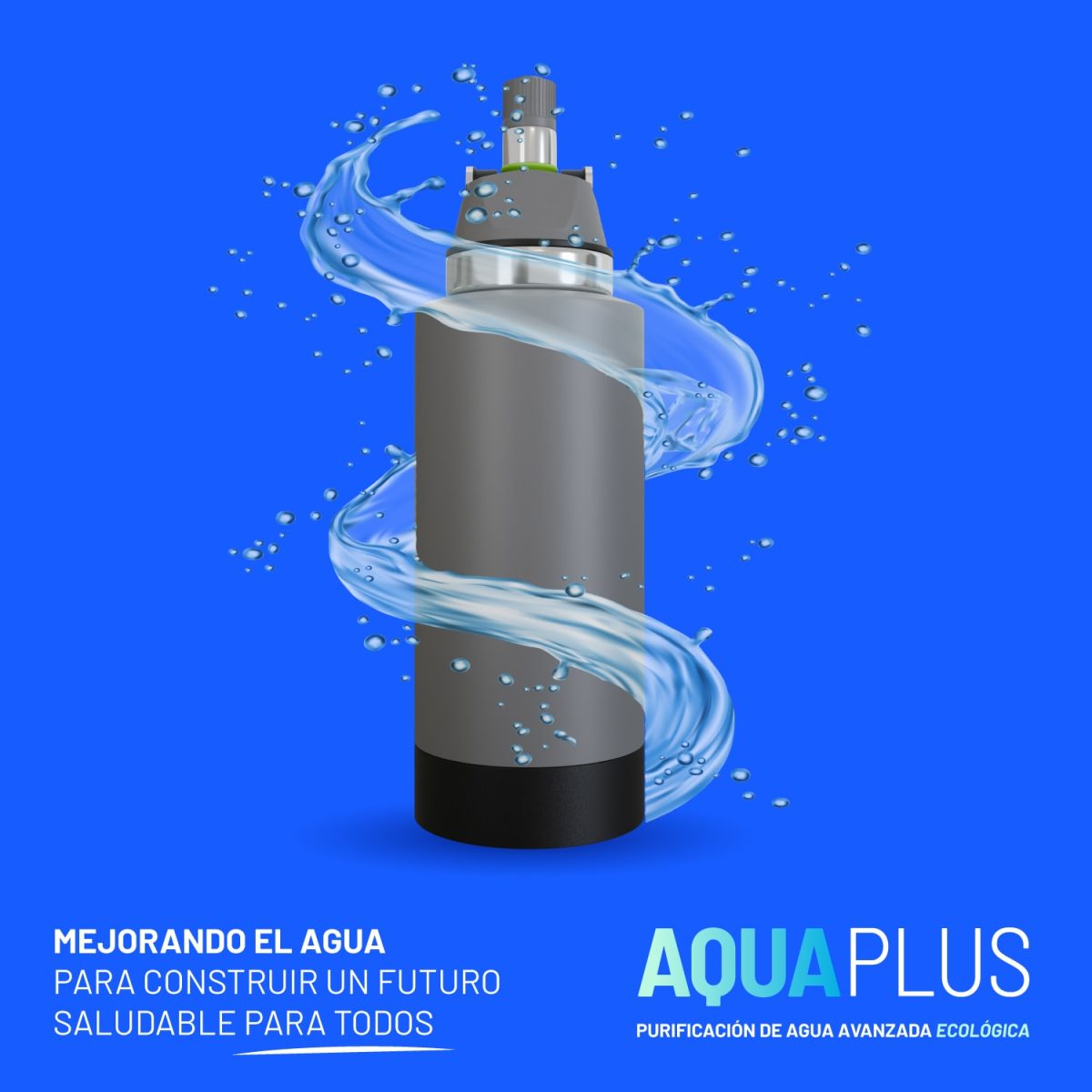 Imagen de un elegante dispositivo de purificación de agua sobre un fondo azul. El agua arremolinada rodea el dispositivo, simbolizando la innovadora tecnología de agua hidrogenada. El texto en español dice: Mejorando el agua para construir un futuro saludable para todos y AquaPlus: Purificación de agua avanzada ecológica.
