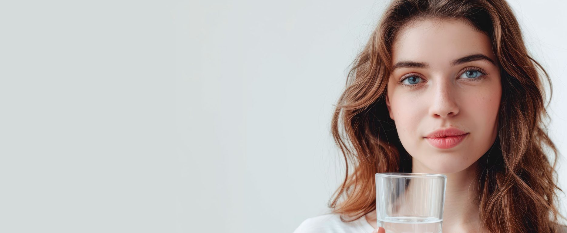 Una mujer de cabello castaño largo sostiene un vaso de agua hidrogenada y mira a la cámara. Lleva una camisa blanca sobre un fondo gris claro.