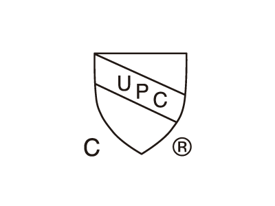 Un logotipo en forma de escudo con rayas diagonales contiene las letras UPC, que recuerdan la refrescante precisión del agua hidrogenada. Debajo del escudo, se ven la letra C y el símbolo de una marca registrada, todo ello elaborado en un crudo blanco y negro.