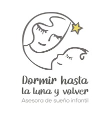 Logotipo que muestra un dibujo estilizado de una media luna sonriente, un bebé dormido con una estrella amarilla y la frase "Dormir hasta la luna y volver" y "Asesora de sueño infantil" debajo. Es tan refrescante como usar un purificador de agua para los sueños de tu pequeño.