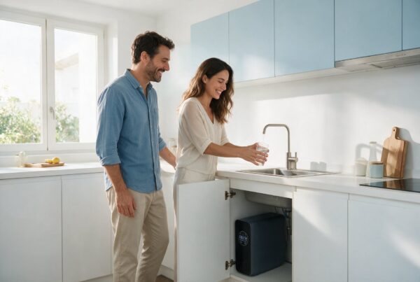 Pareja en la cocina sirviéndose agua del grifo con el purificador Aqua Hidro 800 instalado bajo el fregadero