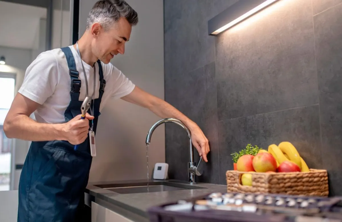 Técnico de Beber Salud instalando un equipo en una cocina