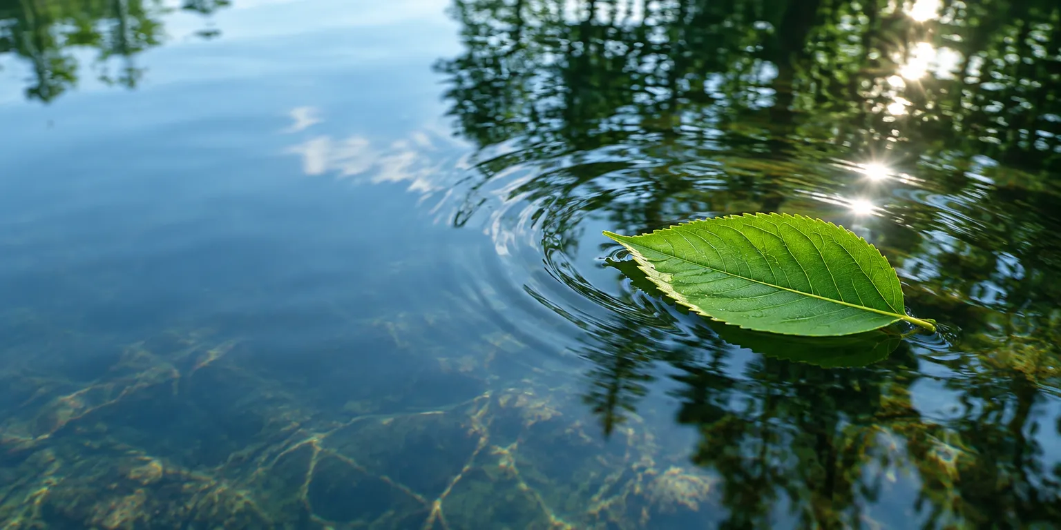 Hoja verde flotando sobre agua limpia