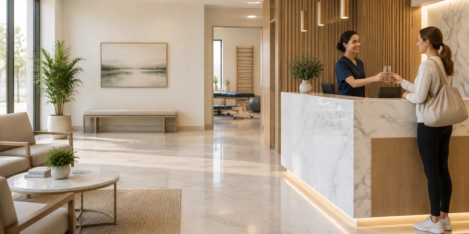 Recepcionista de una clínica dando un vaso de agua a una clienta